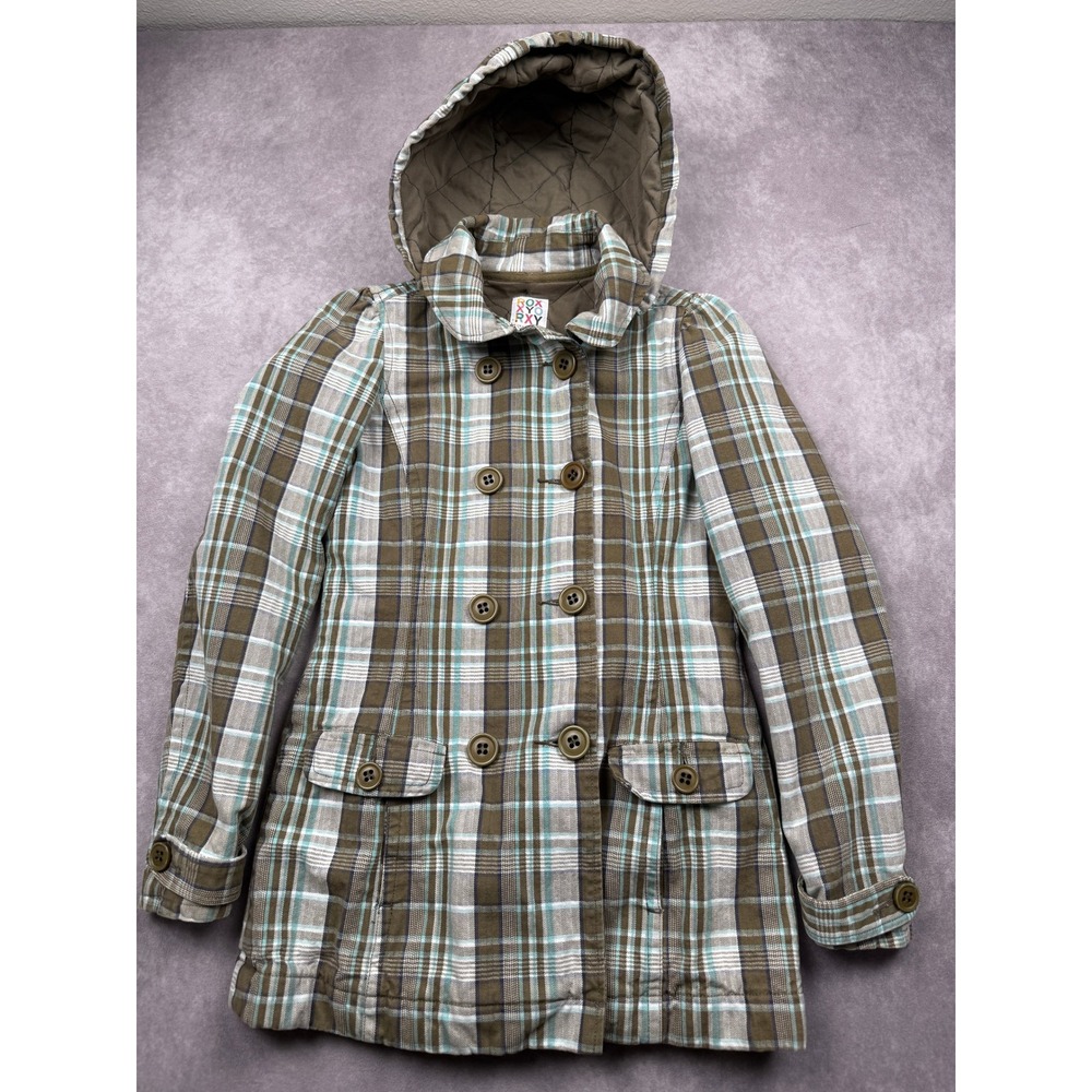 Roxy Plaid Hood Pea Coat Olive Green Teal Quilt Lining Double Breasted Junior S
